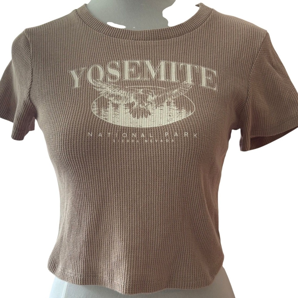 Homegirl Society Yosemite National Park Waffle Knit Baby Doll Tee Brown Small
